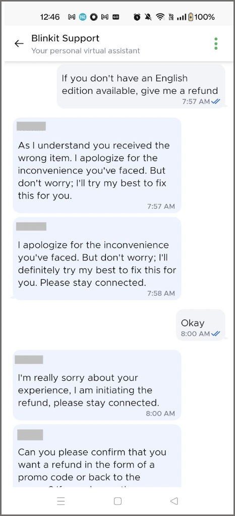 Blinkit's Response to User Complaint