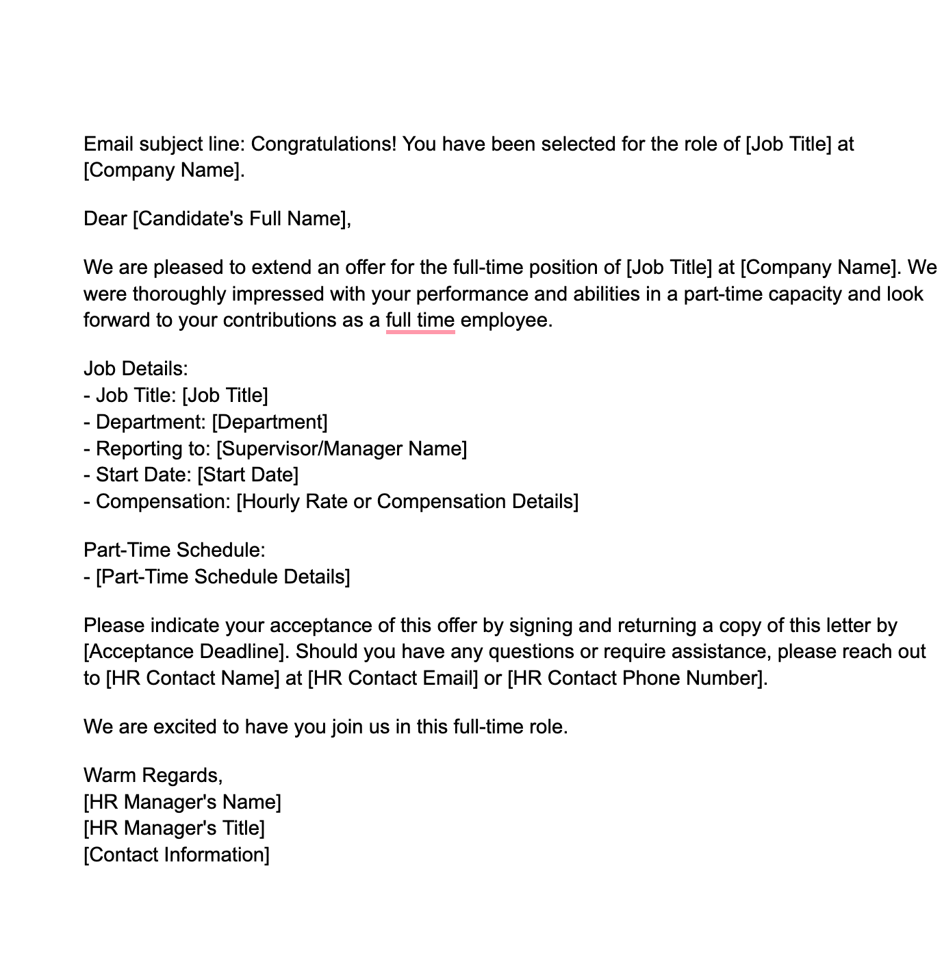 part time to full time offer letter template