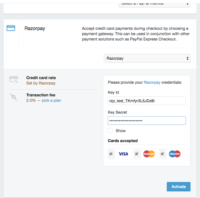Textbox with Key ID and Key Secret Labels